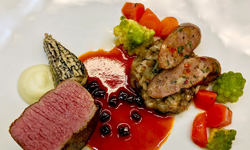 Colorado lamb duo with stuffed morel mushroom, eggplant puree, oblique carrots and Romanesco, herbed farro, brunoise pickled beet and lamb jus