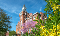 Building on campus with bright flowers in front of it