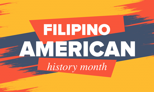 Filipino American History Month graphic with orange, blue and yellow