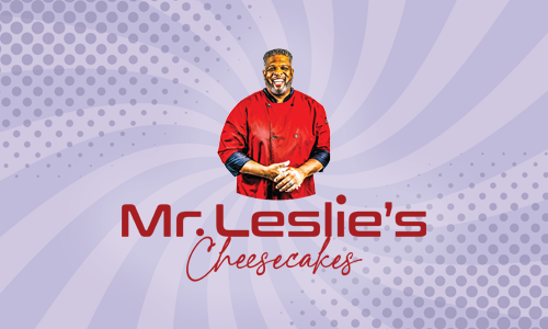 Mr. Leslie's Cheesecakes logo on a purple background