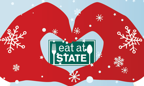 Hands with mittens forming a heart over the Eat at State logo