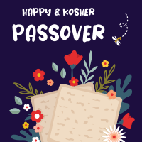 Happy Passover with navy background, a bee, flowers and matzos