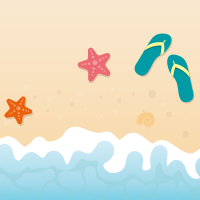 Beach, sand, waves, aqua flip flops with yellow straps, and two colorful starfish