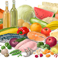 Drawing of healthy food: vegetables, fruits, oils, fish