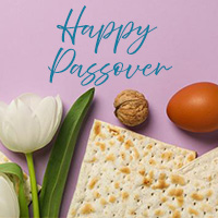 Happy Passover image with matzo-nuts-egg-flowers-purple-background