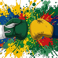 Image: Green, white, blue, gold and red paint splatter behind a green and white and gold and blue boxing gloves